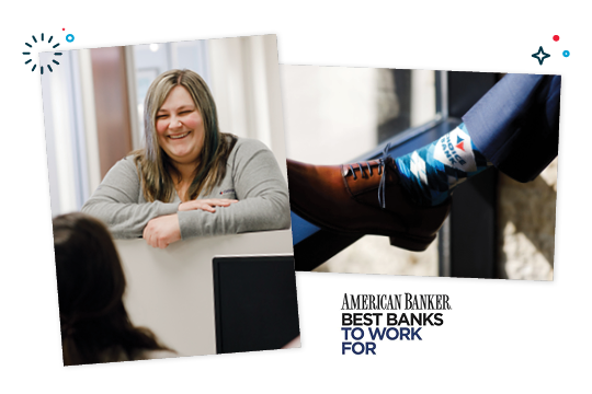 Choice Bank employee smiling with a coworker.